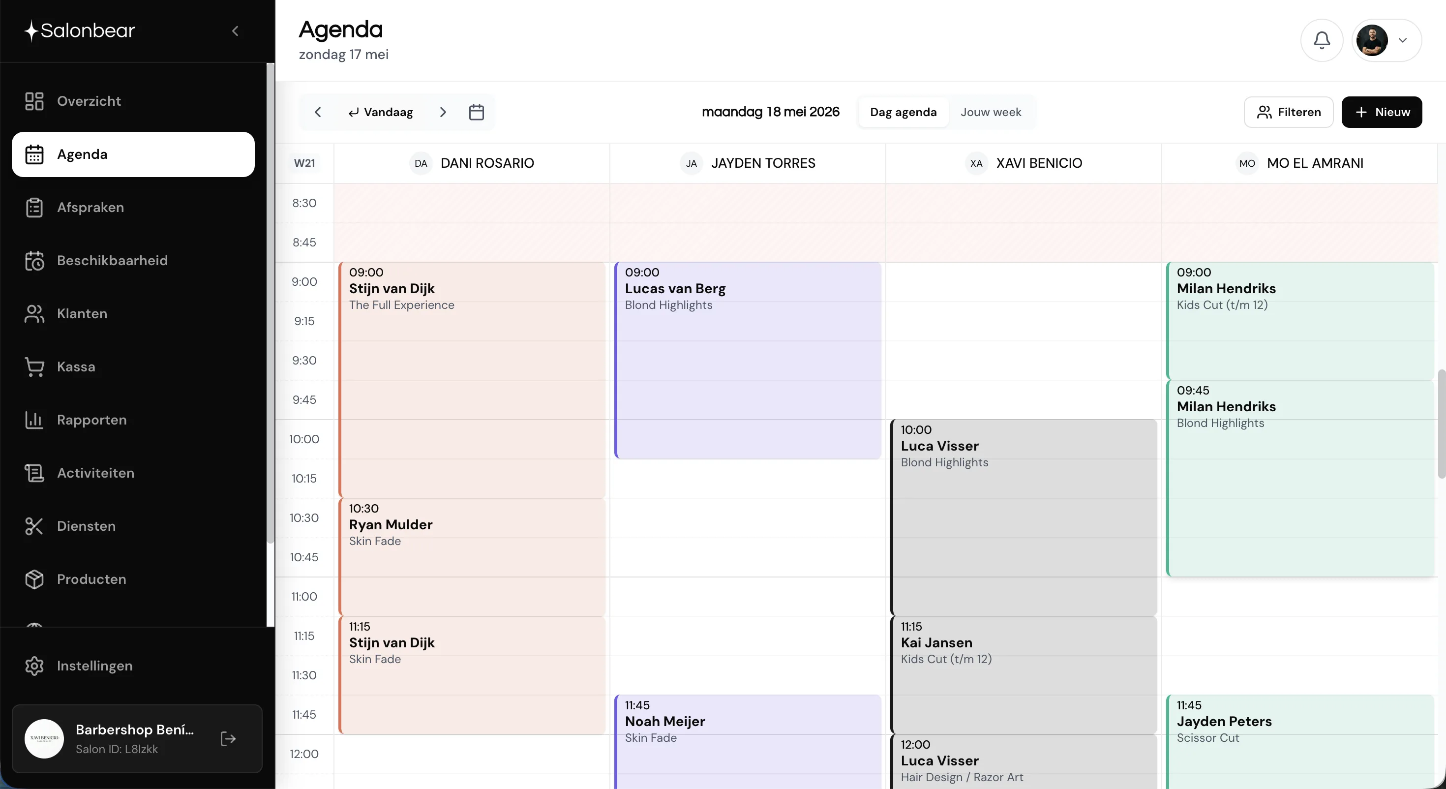 Salonbear salon agenda met weekoverzicht en kleurcodes per behandeling